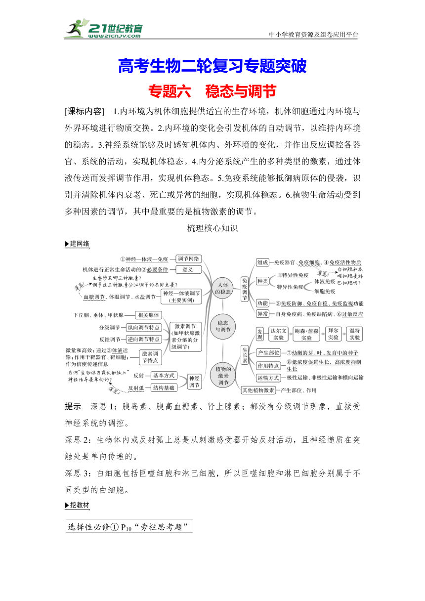 【高考生物二轮复习专题突破学案】专题6 稳态与调节（含答案）