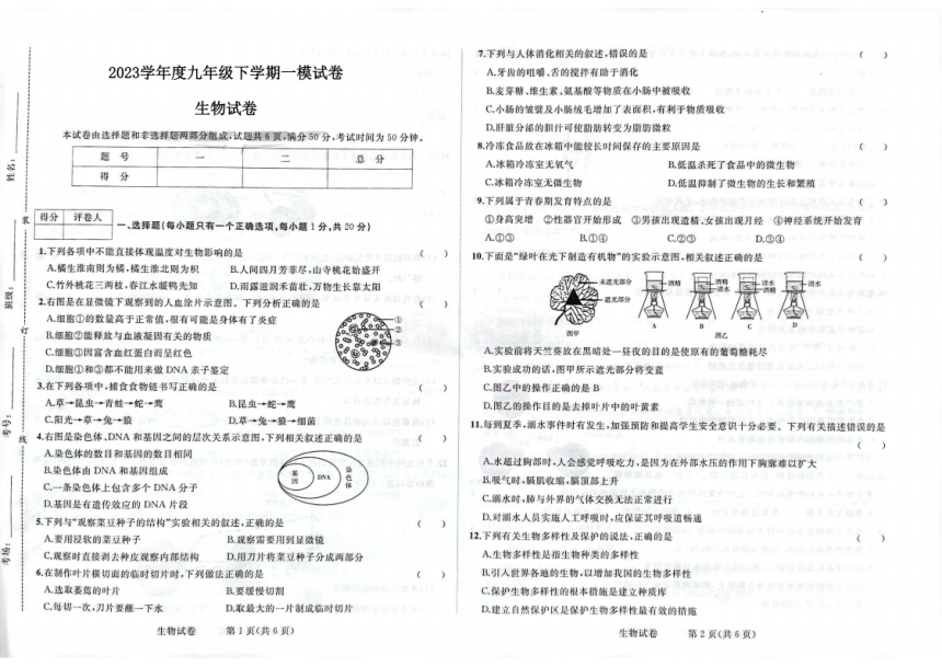2023年吉林省白山市长长白县年九年级一模生物试题（pdf 版含答案）