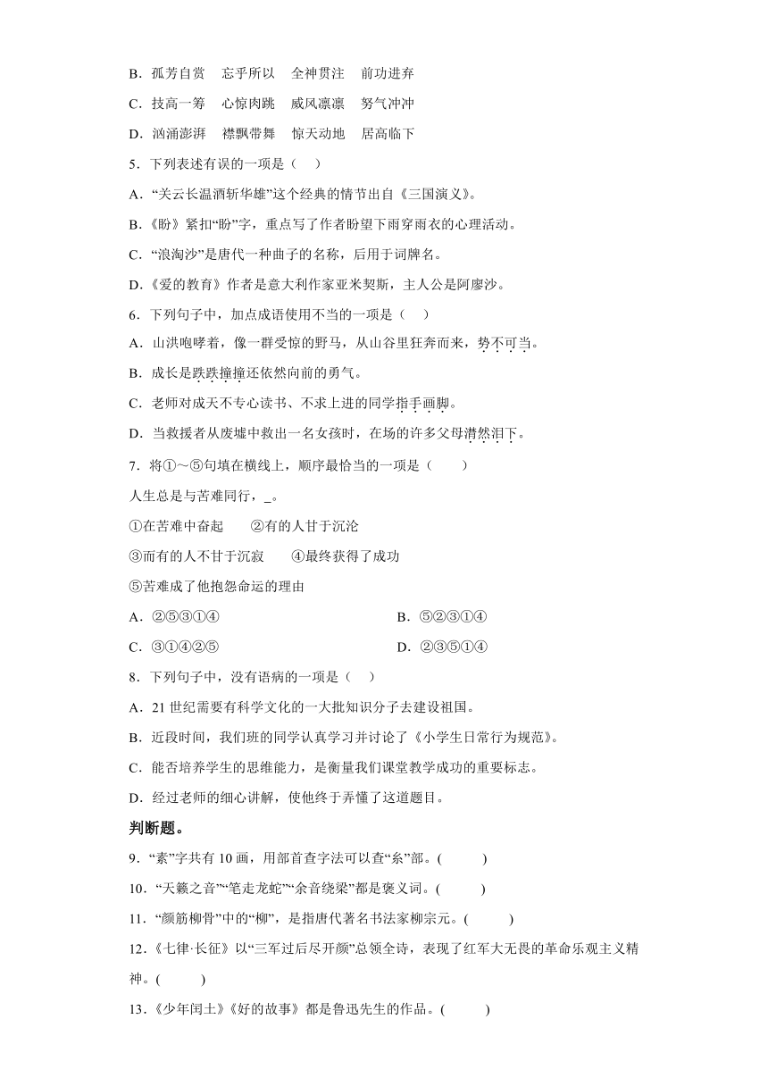 西藏自治区林芝市2023-2024学年部编版六年级语文上册期末检测 试卷（含解析）