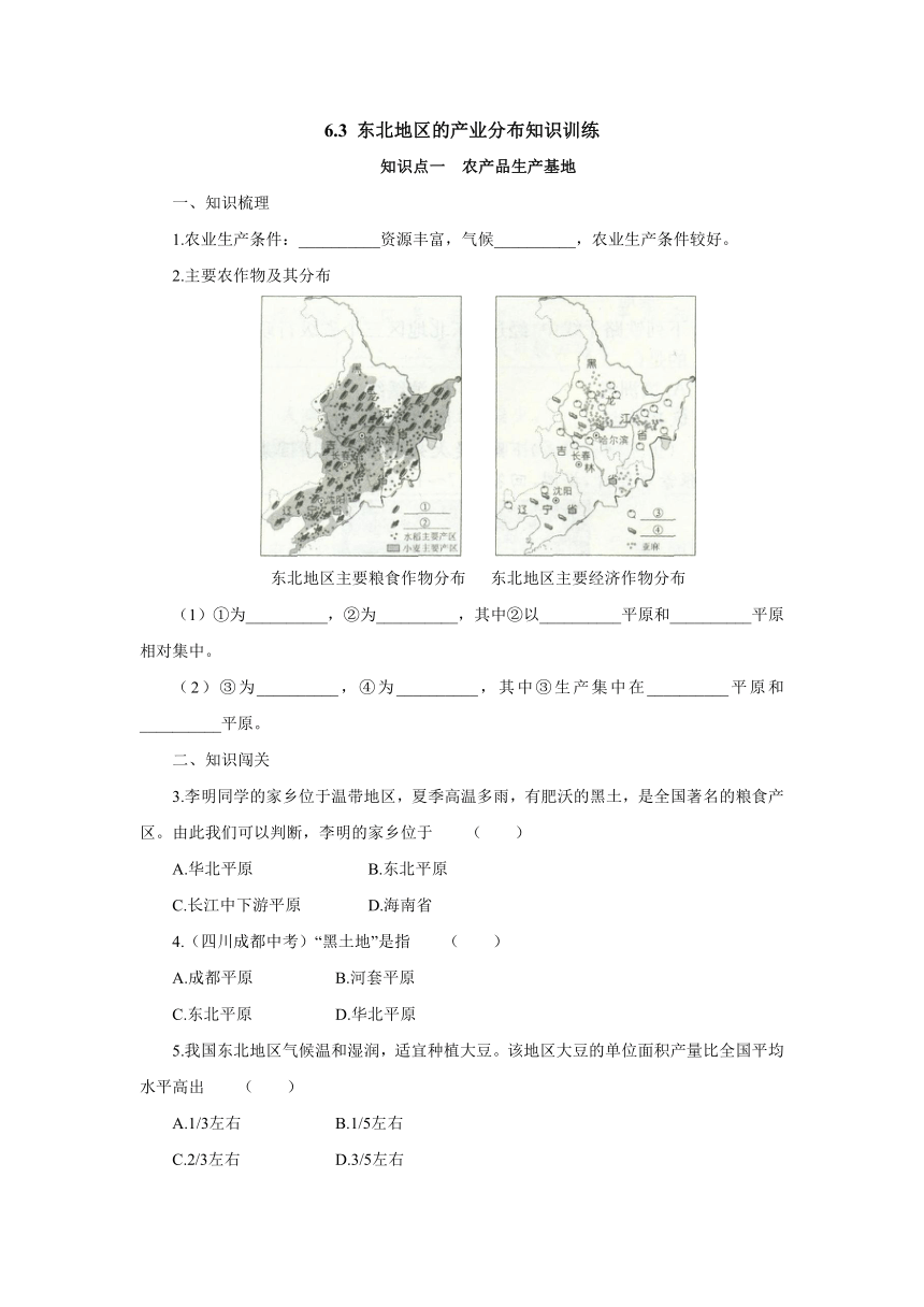 湘教版地理八年级下册6.3东北地区的产业分布知识训练（含答案）