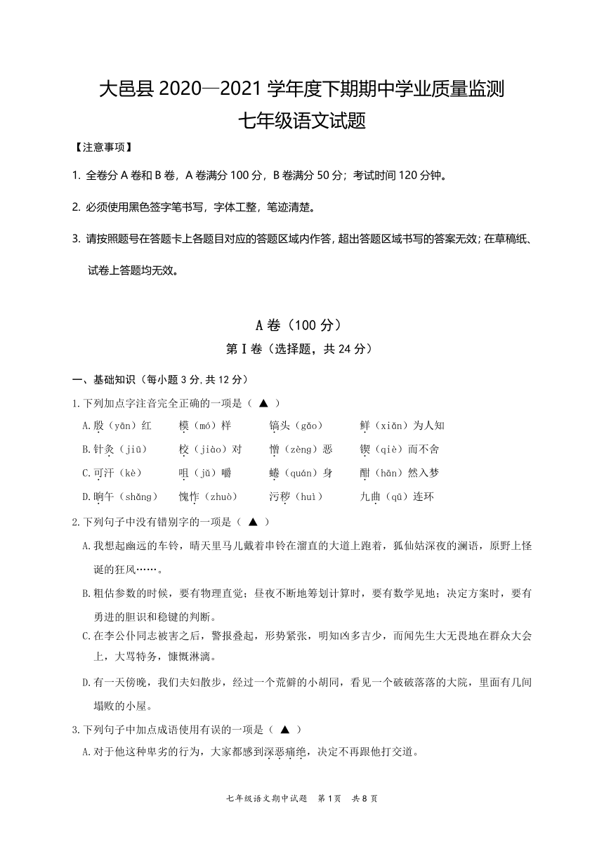 四川省成都市大邑县2020-2021学年七年级下学期期中考试语文试题（word版含答案）