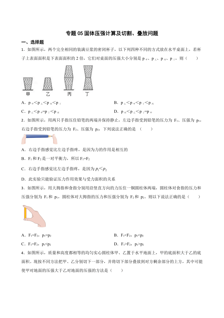 2023年中考物理二轮复习专题训练05 固体压强计算及切割、叠放问题（有解析）