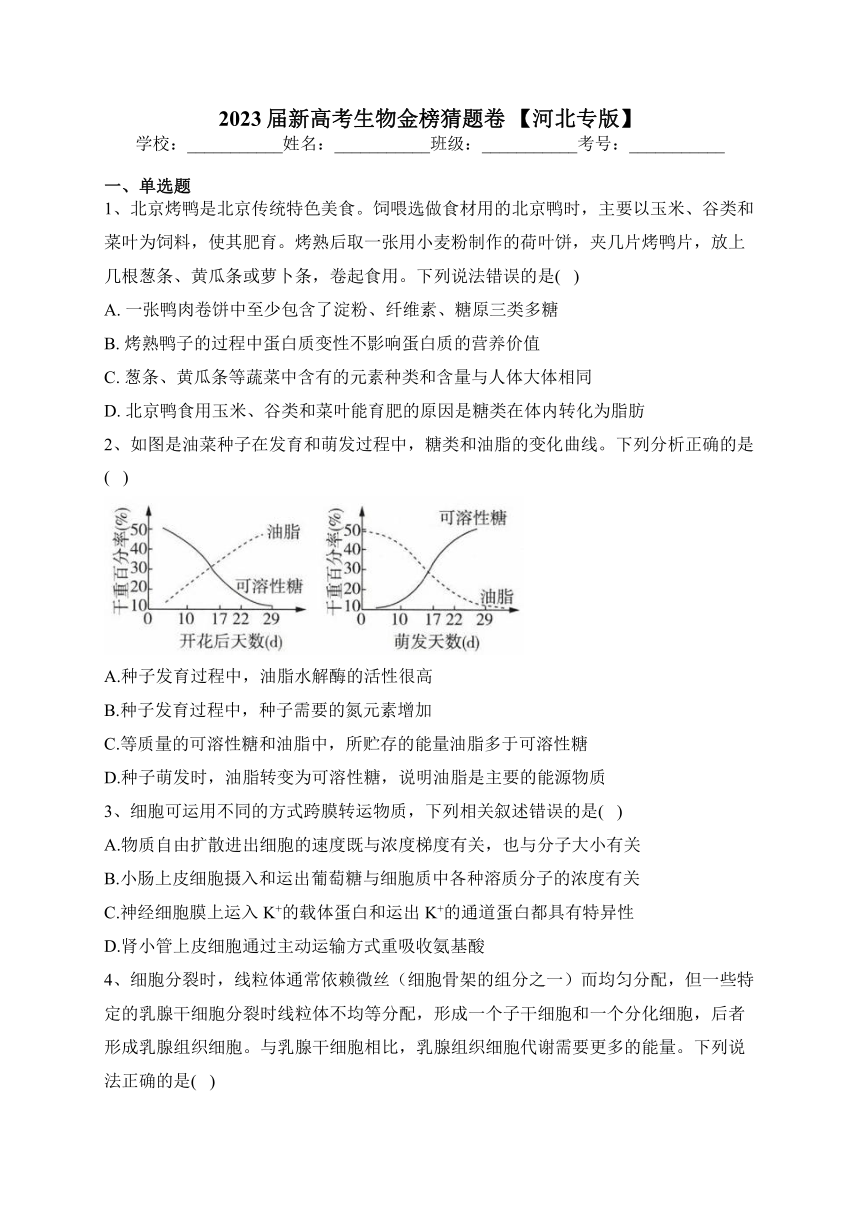 2023届新高考生物金榜猜题卷 【河北专版】（含答案）