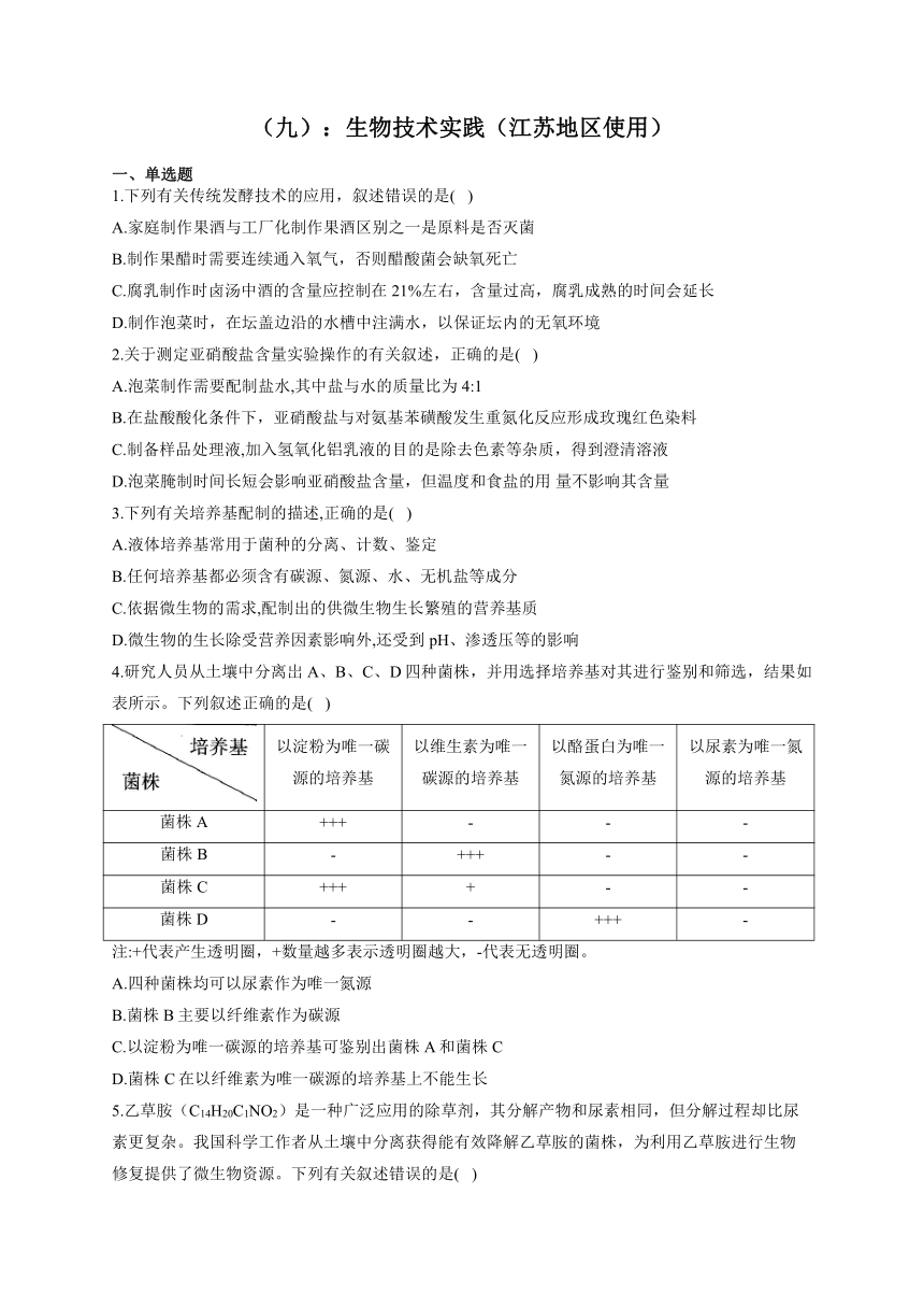 新课标新高考2022届高考生物二轮复习专题练（九）：生物技术实践（江苏地区使用）（word版有答案）