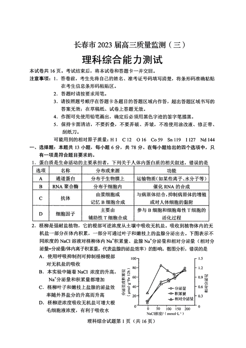 吉林省长春市2023届高三下学期质量检测（三）理综试卷（图片版含答案）