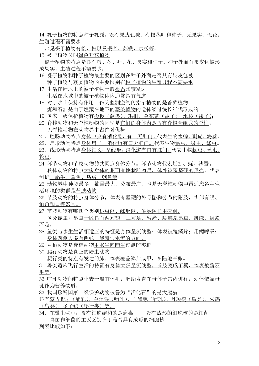 人教版初中生物中考知识点整理