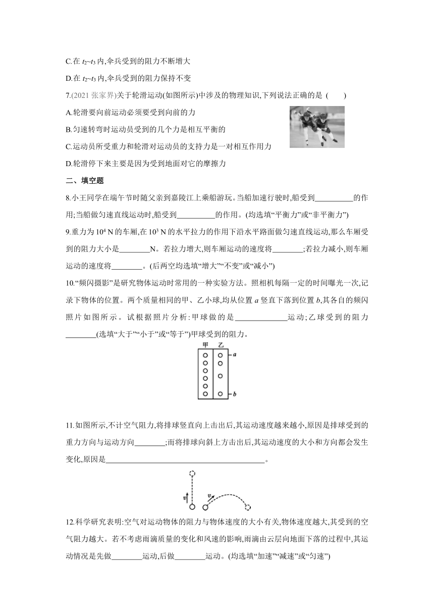 粤沪版物理八年级下册课课练：7.4　探究物体受力时怎样运动　第2课时　力与运动的关系（含答案）