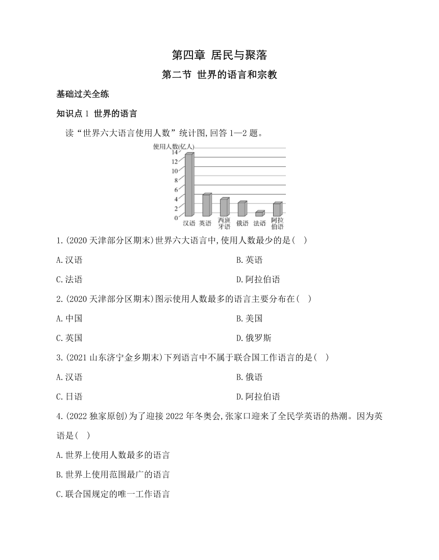 鲁教版地理六年级上册4.2世界的语言和宗教同步练习（含解析）