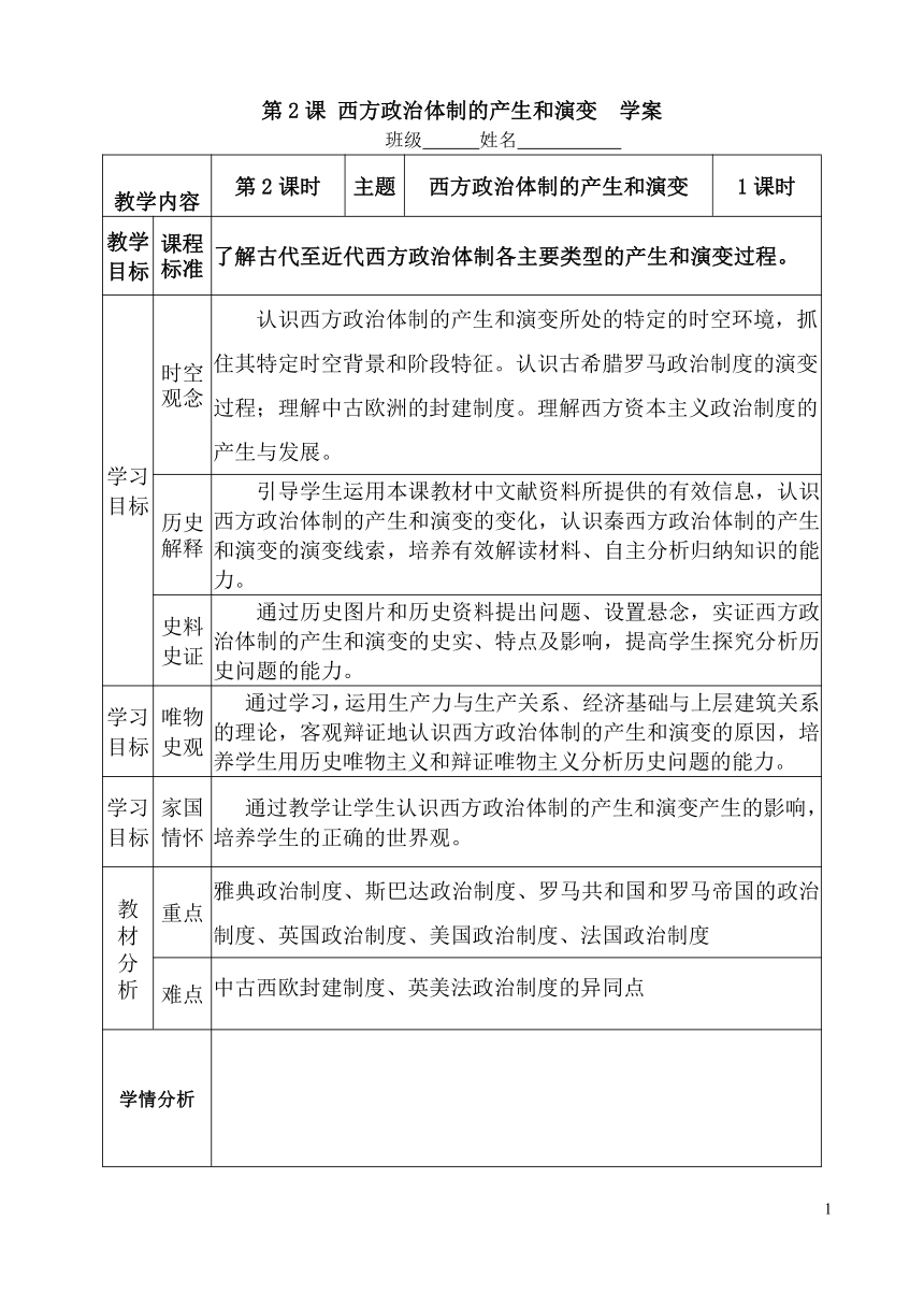 部编版选择性必修一：第2课 西方政治体制的产生和演变 学案2