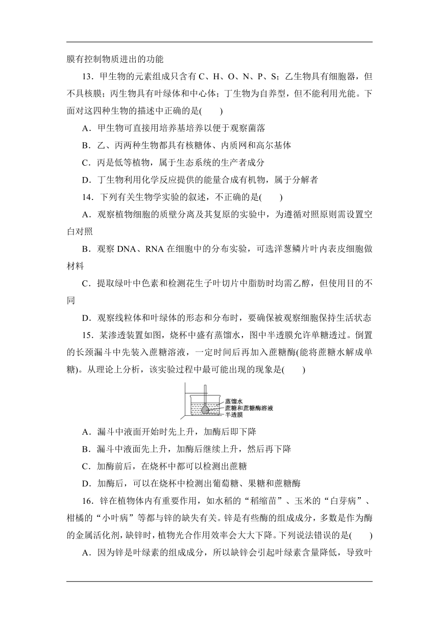 2021-2022学年高一上学期生物苏教版（2019）必修1模块训练（word版含解析）