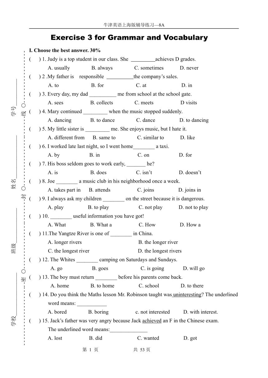 Unit 2 Work and play Exercise 3 for Grammar and Vocabulary（含答案）