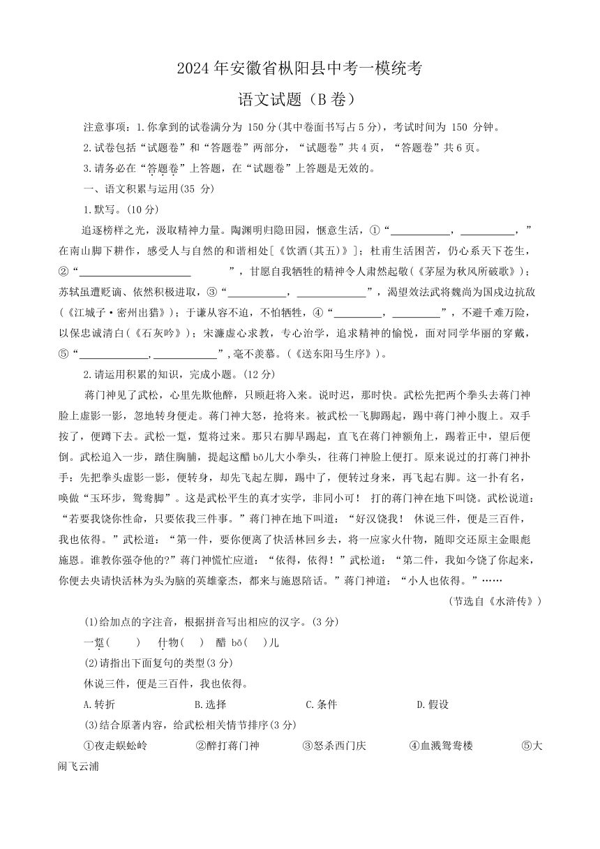 2024年安徽省枞阳县中考一模统考语文试题（B卷）（无答案）