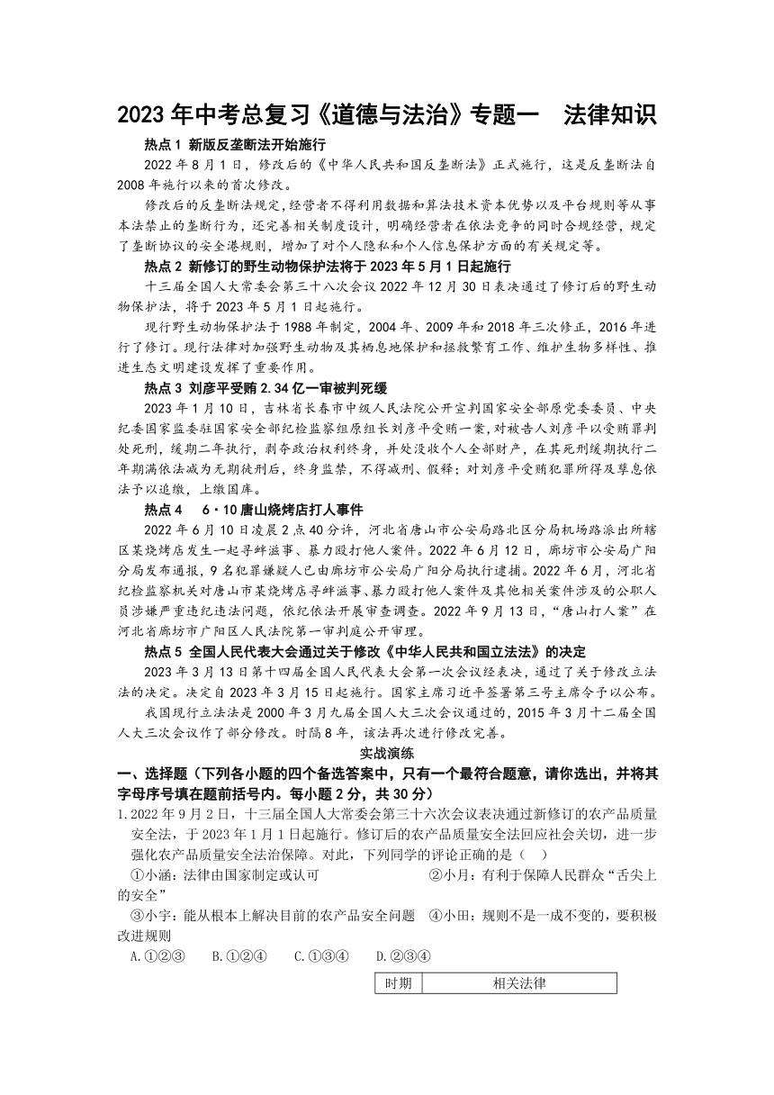 专题一 法律知识 复习学案-2023年中考道德与法治二轮热点复习（含答案）