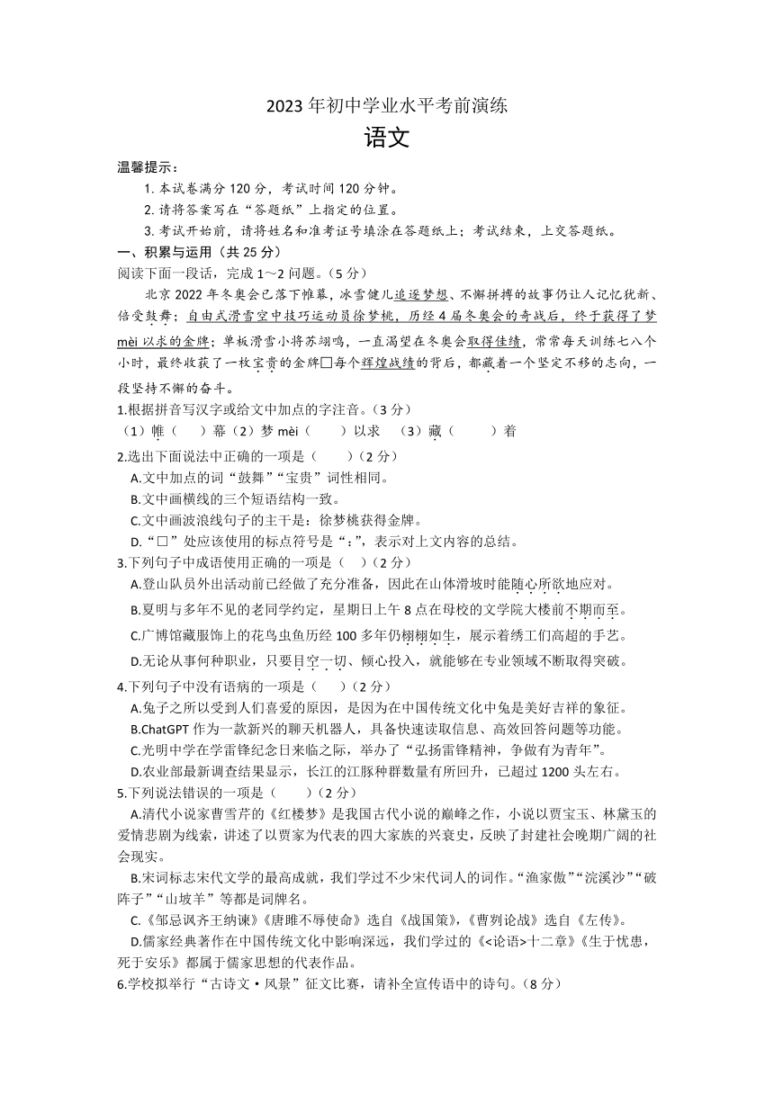 2023年山东省枣庄市市中区中考三模语文试题(word版含答案)