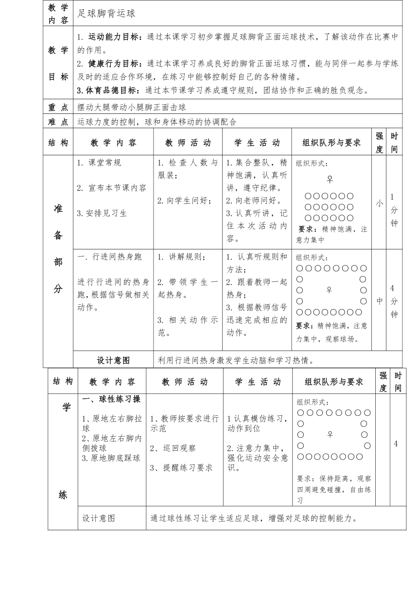 体育四年级下册   足球脚背正面运球  教学设计（表格式）