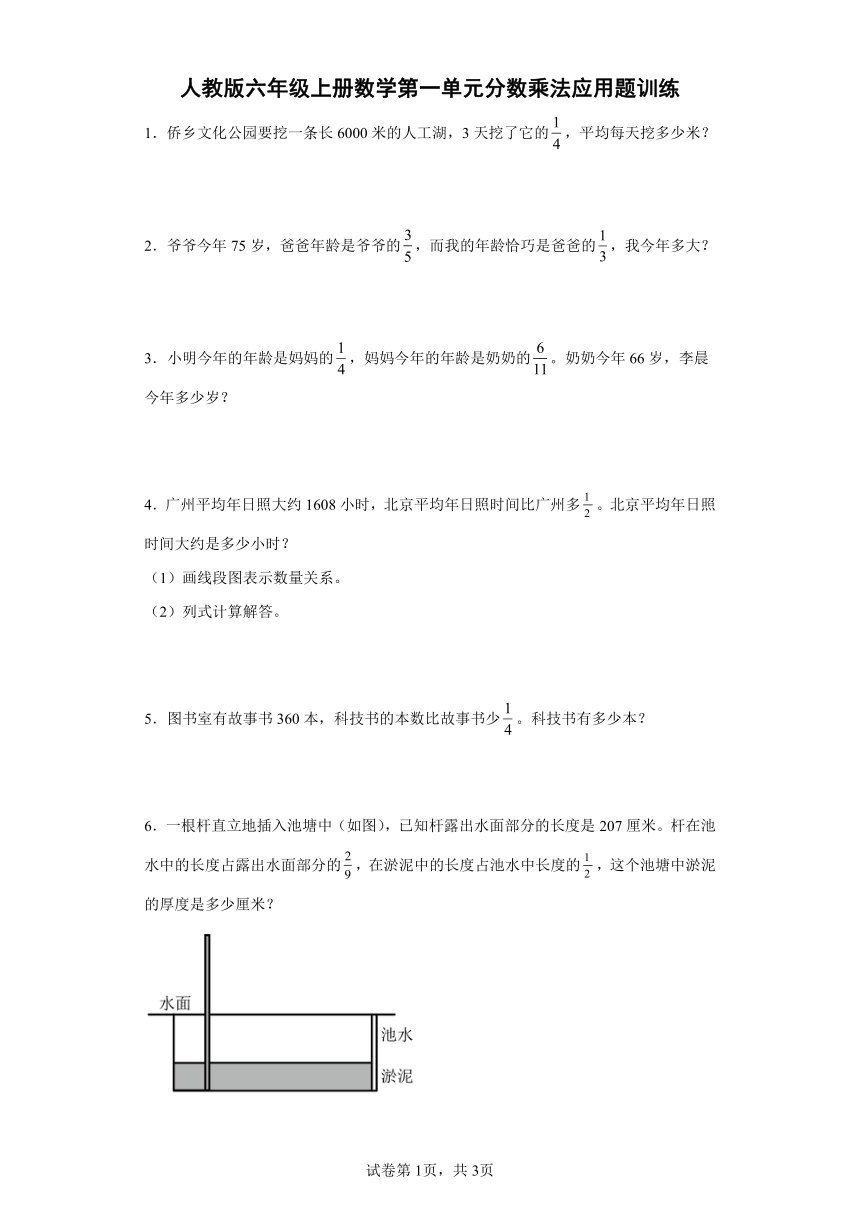 人教版六年级上册数学第一单元分数乘法应用题训练（含答案）