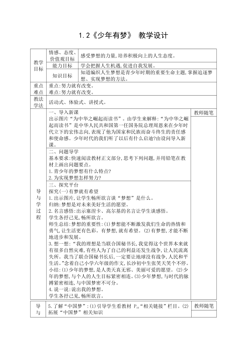 1.2《少年有梦》 教学设计（表格式）