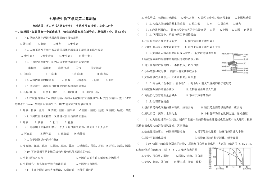 第二章《人体的营养》测验试题2020--2021学年人教版七年级生物下册（有答案）