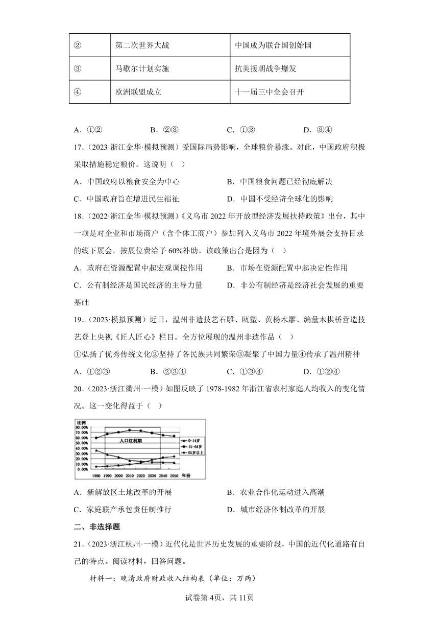 2023年浙江省历史与社会中考模拟卷汇编：中国近代史（含答案）