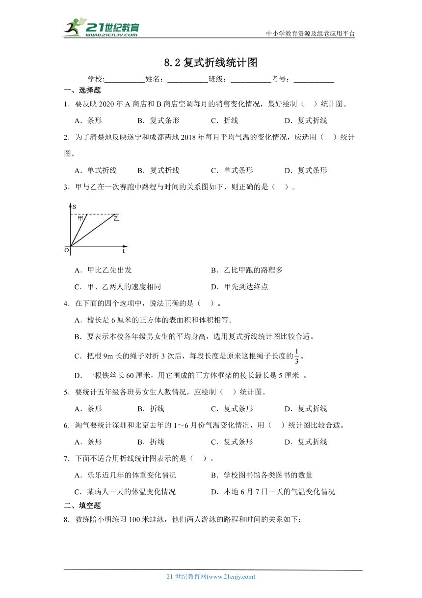 8.2复式折线统计图课堂通行证 北师大版数学五年级下册练习试题（含答案）