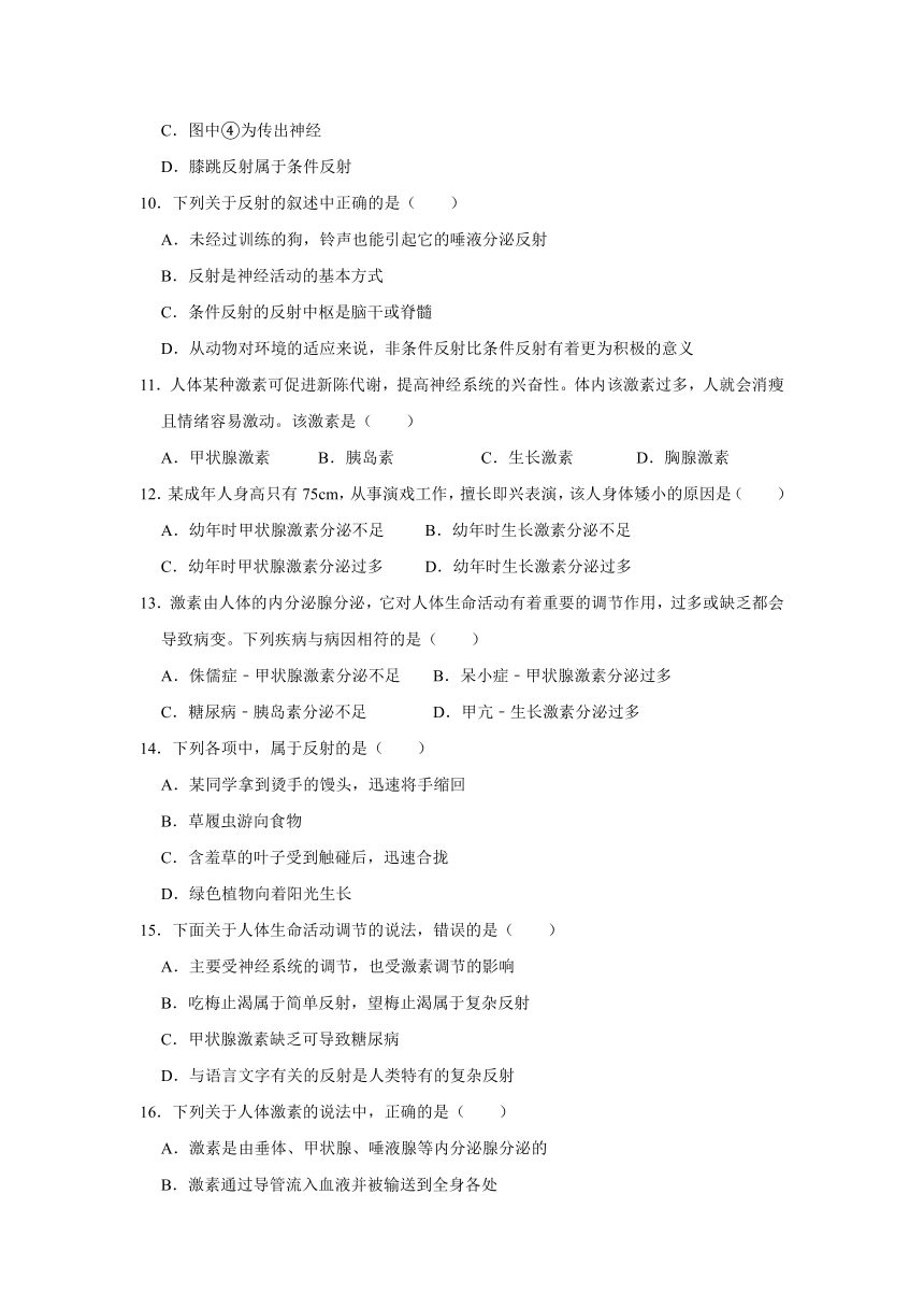 2020-2021学年人教版生物七年级下册 第四单元第六章人体生命活动的调节 复习题（含答案）