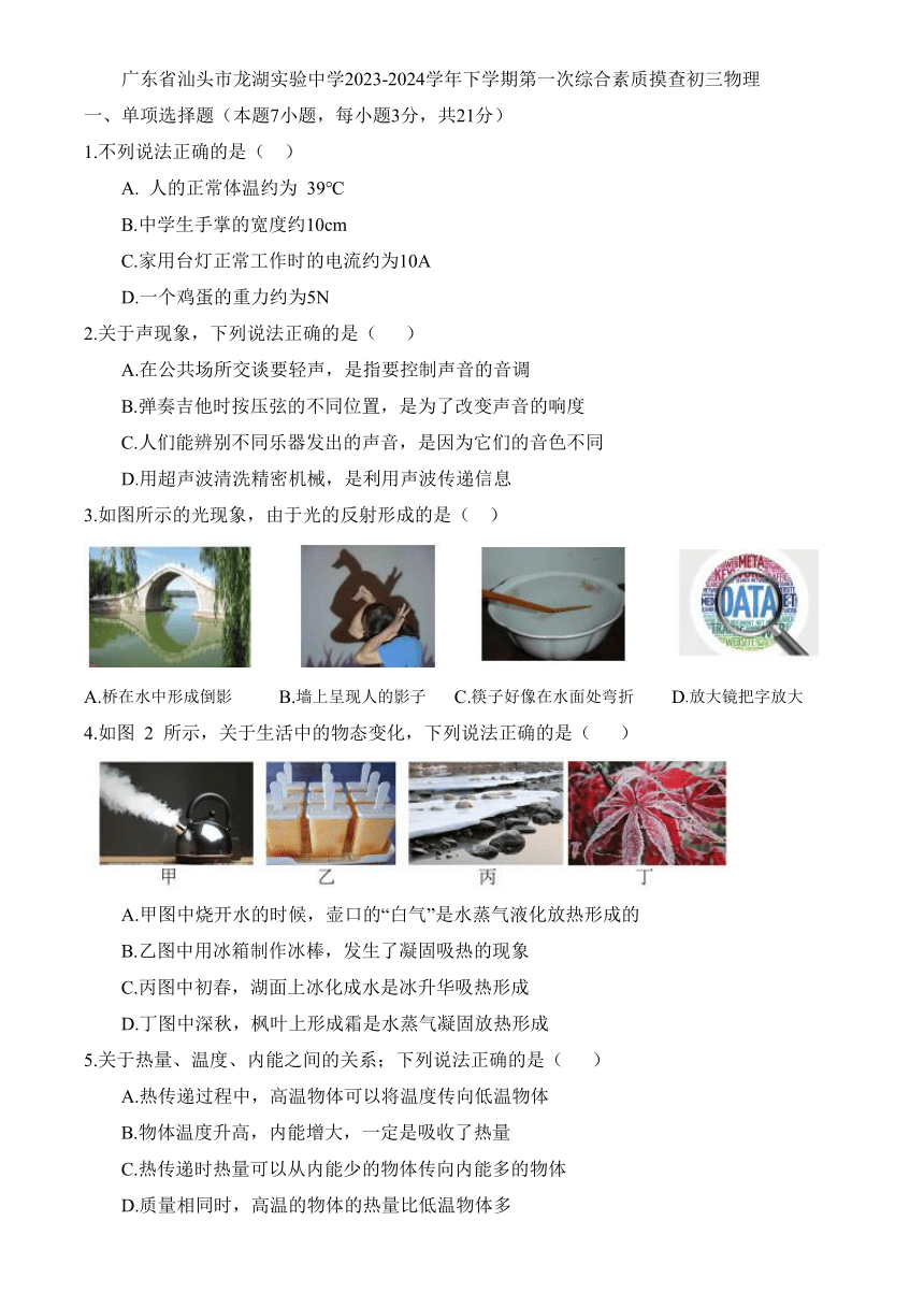 广东省汕头市龙湖实验中学2023-2024学年下学期第一次综合素质摸查初三物理（含答案）