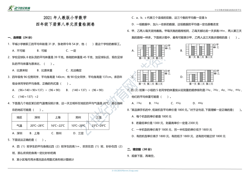 2021年人教版小学数学四年级下册第八单元质量检测卷（含答案）