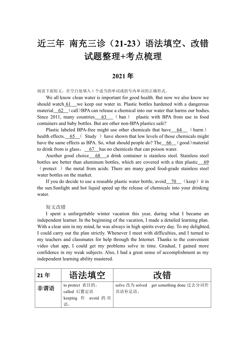 2024届高考英语二轮复习：近三年 南充市三诊 （21-23）语法填空、改错试题整理 考点梳理 讲义素材