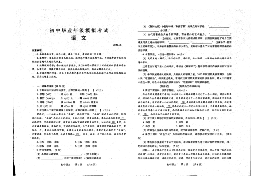 河南省濮阳市台前县2020-2021学年下学期九年级五月联考语文试题（扫描版，无答案）