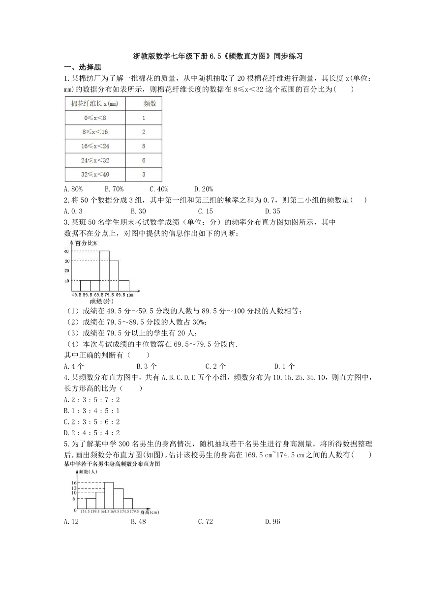 浙教版数学七年级下册6.5《频数直方图》同步练习(word含答案)