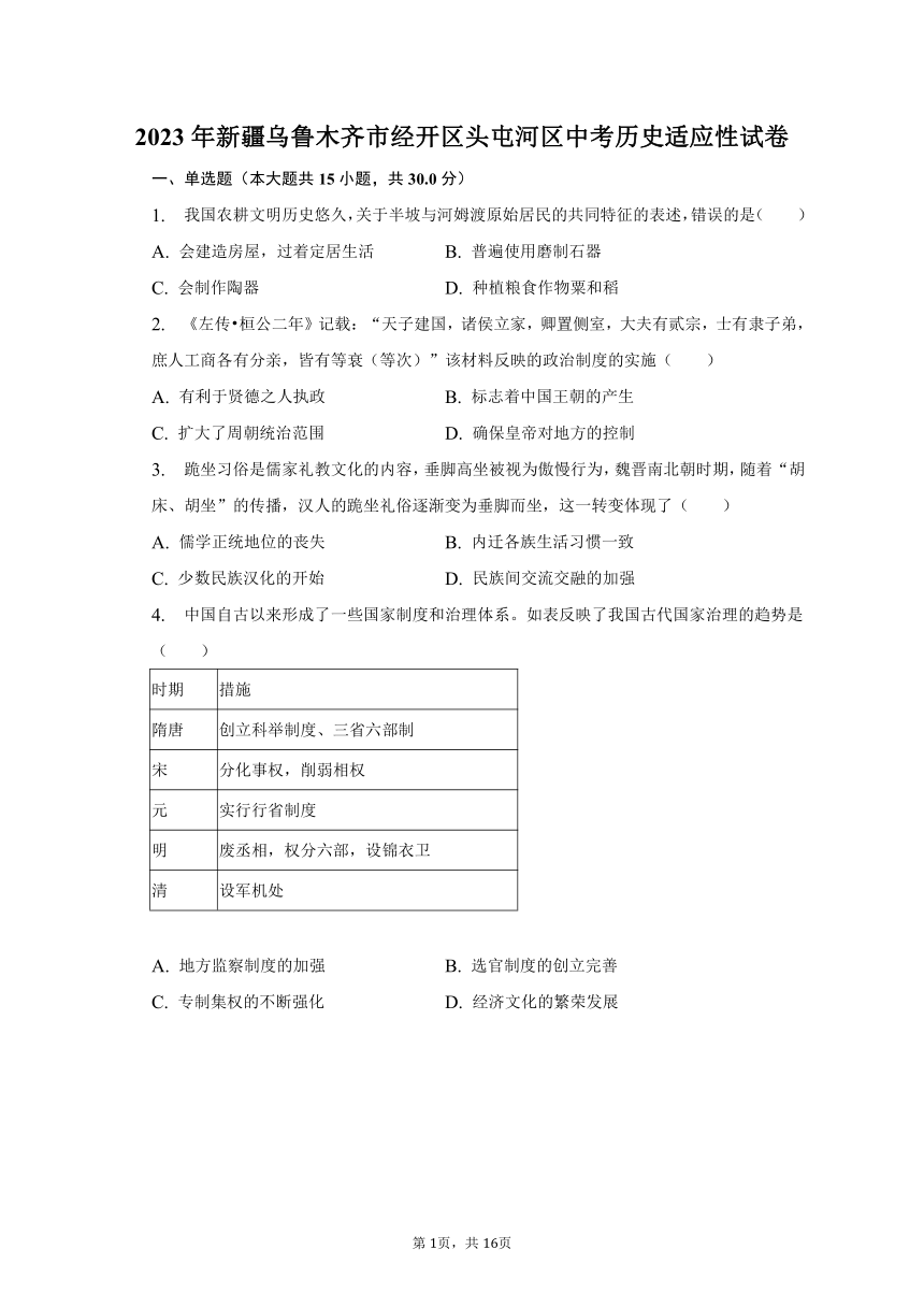 2023年新疆乌鲁木齐市经开区头屯河区中考历史适应性试卷（含解析）