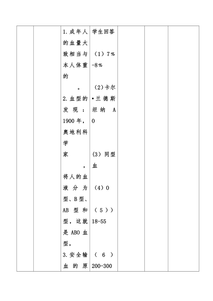 4.4.4 输血与血型  教案（表格式）2022-2023学年人教版生物七年级下册