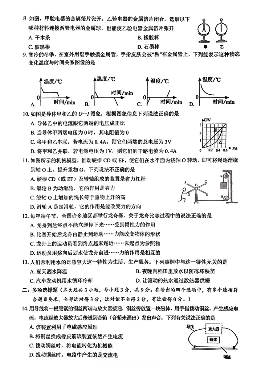 2024年广西桂林市桂林中学九年级下学期一模考试物理试题（PDF版 无答案）