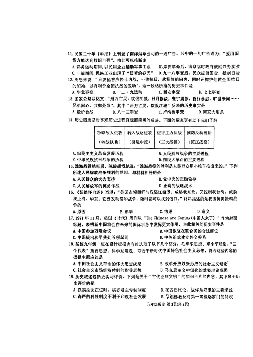 2023年天津市滨海新区九年级中考一模历史试卷（扫描版 含答案）