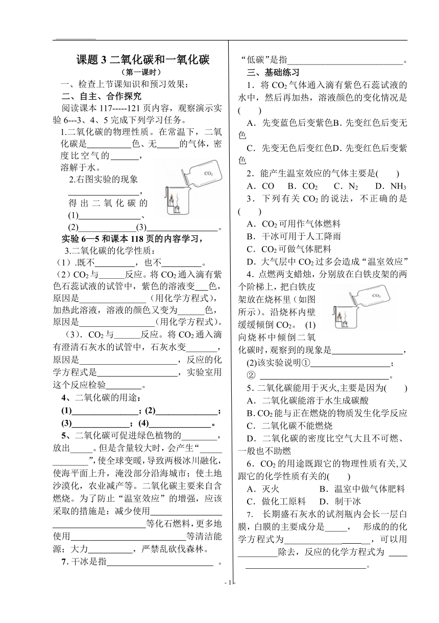 人教版化学九年级上册 6.3 二氧化碳和一氧化碳  学案（无答案）