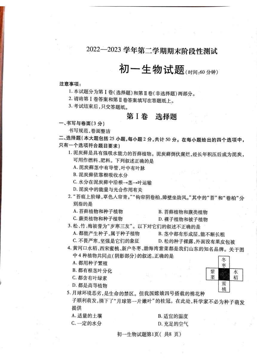 山东省烟台市龙口市2022-2023学年六年级下学期7月期末生物试题（图片版 无答案）
