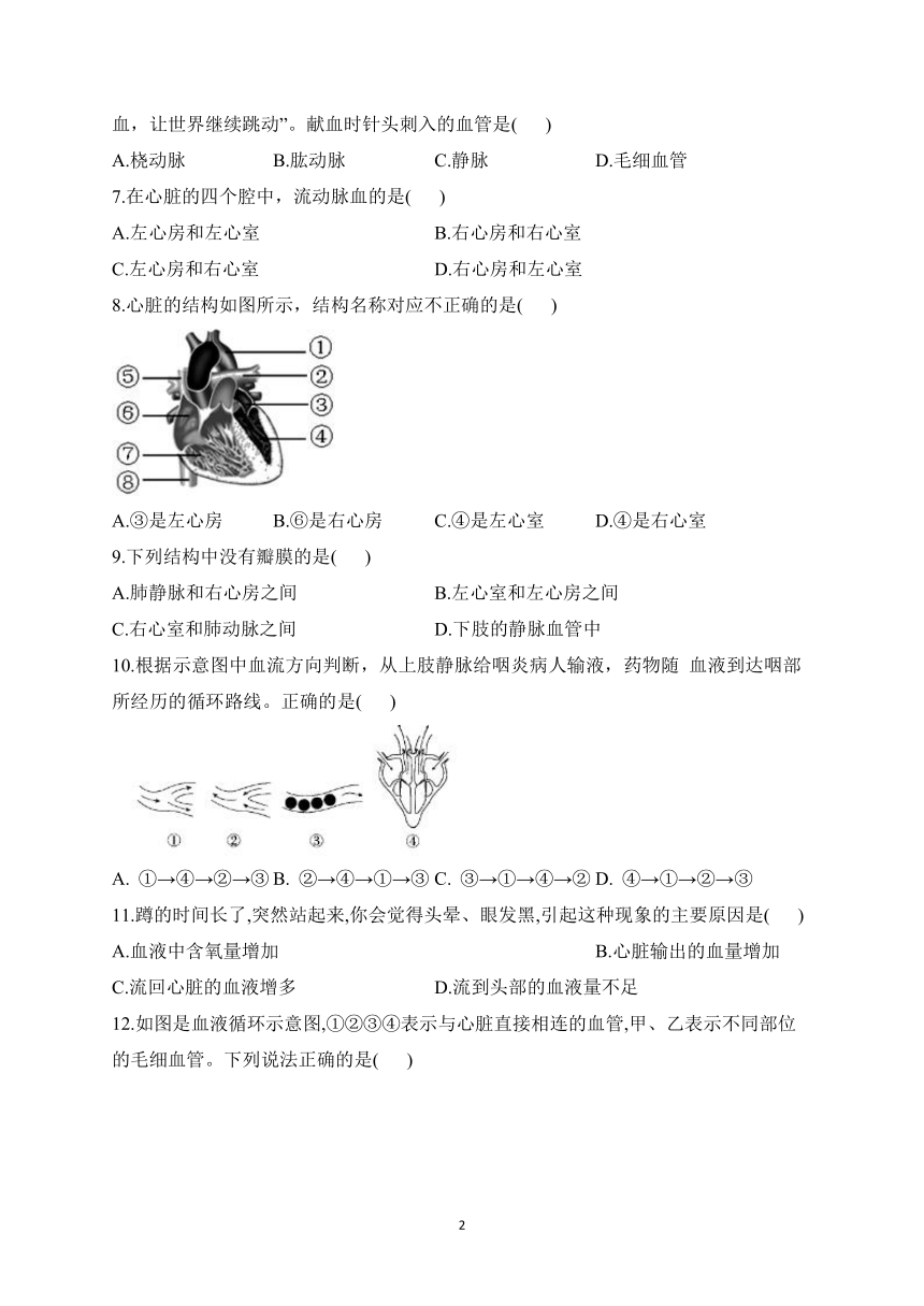 2023届中考生物高频考点专项练习：专题十 血液和心脏 综合练习（A卷）（含解析）