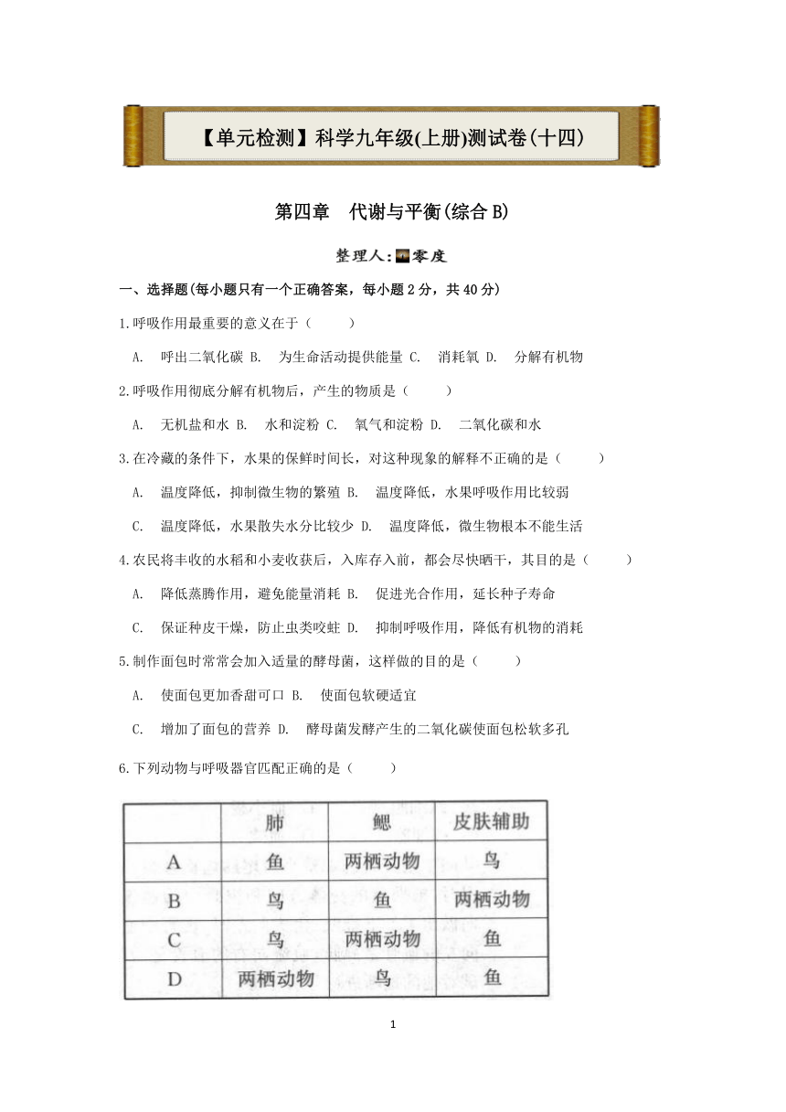 【单元检测】2022-2023学年上学期浙教版九年级科学卷（十四）第四章  代谢与平衡(综合B)【word，含答案】