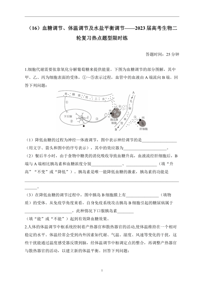 （16）血糖调节、体温调节及水盐平衡调节——2023届高考生物二轮复习热点题型限时练(有解析)