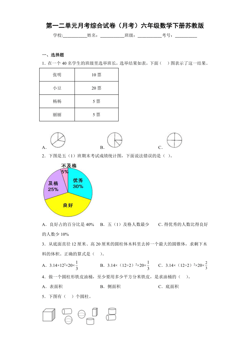 第一二单元月考综合试卷（月考）苏教版六年级下册数学 （含答案）