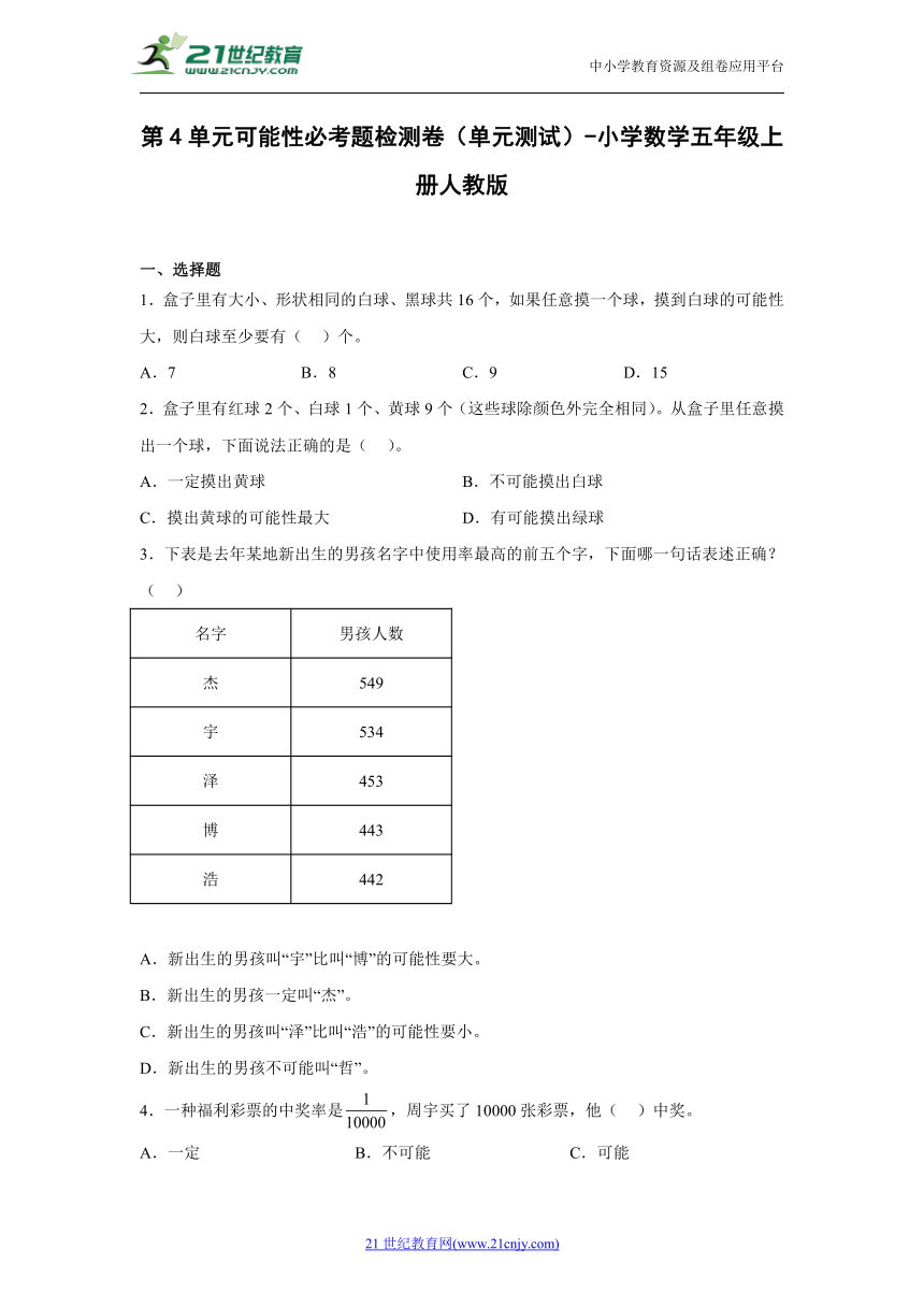 第4单元可能性必考题检测卷（单元测试） 小学数学五年级上册人教版（含答案）