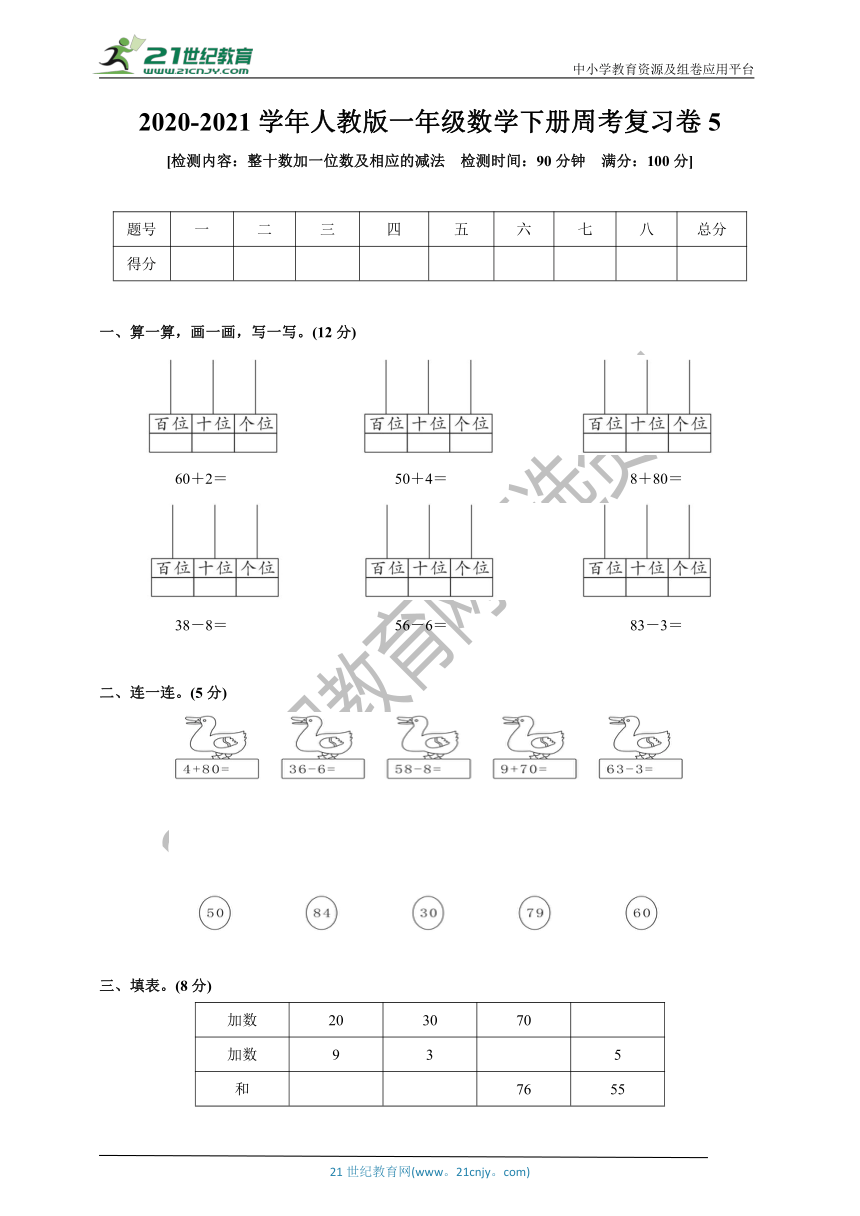 人教版一年级数学下册周考复习卷5(整十数加一位数及相应的减法)(含答案)