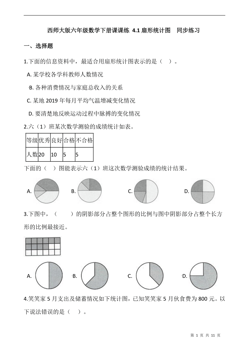 西师大版六年级数学下册课课练 4.1扇形统计图  同步练习（含答案）
