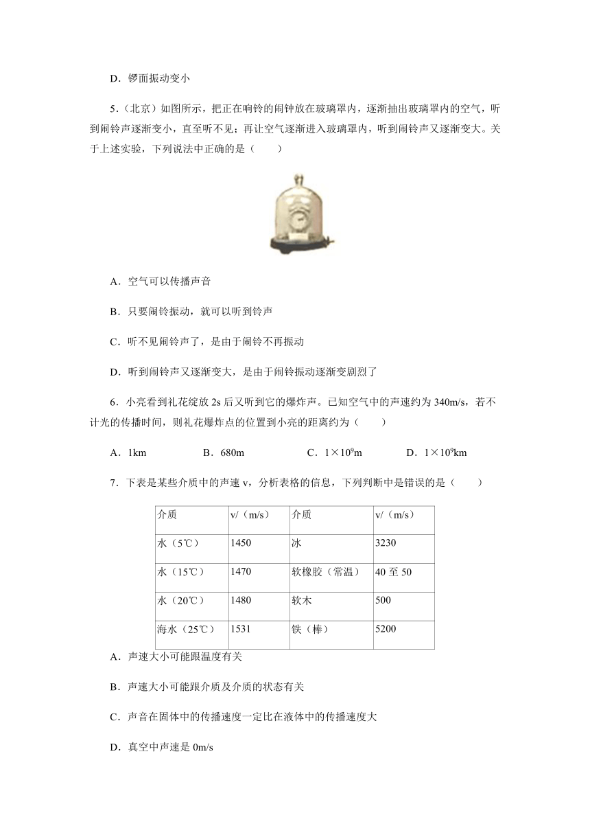 2.1声音的产生与传播课后练习2021-2022学年人教版物理八年级上册（含答案）