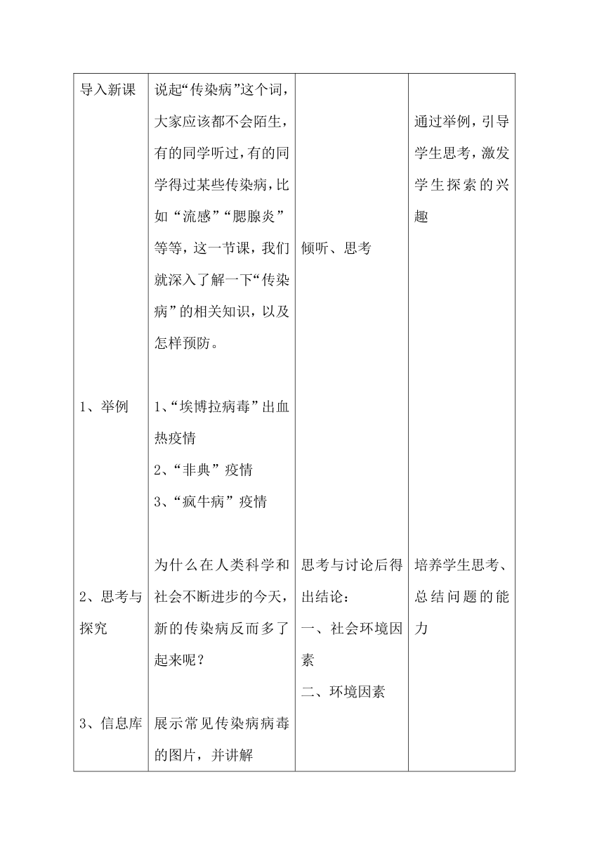 沪教版生物八年级第一册3.2.1常见传染病及其预防教案（表格式）