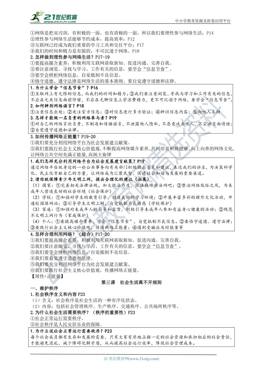 2021秋八上道法知识梳理读背提纲