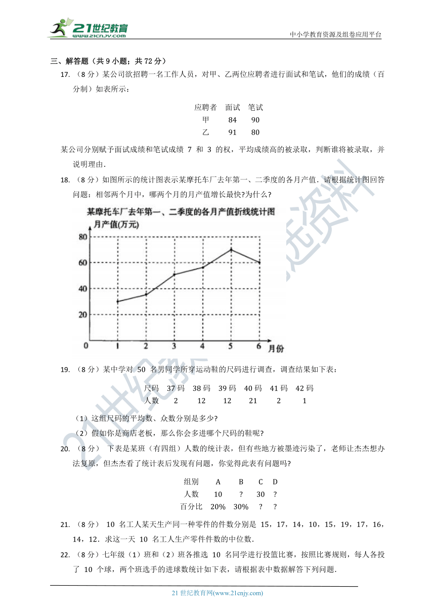 第二十章 数据的分析单元质量检测试卷A（含答案）