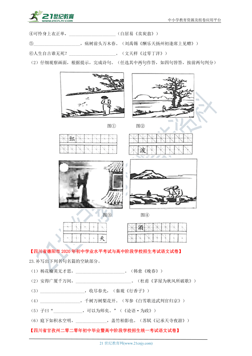 四川省各地市2020年初中语文中考真题分项汇编：专题二  诗文名篇默写（原卷+解析卷）