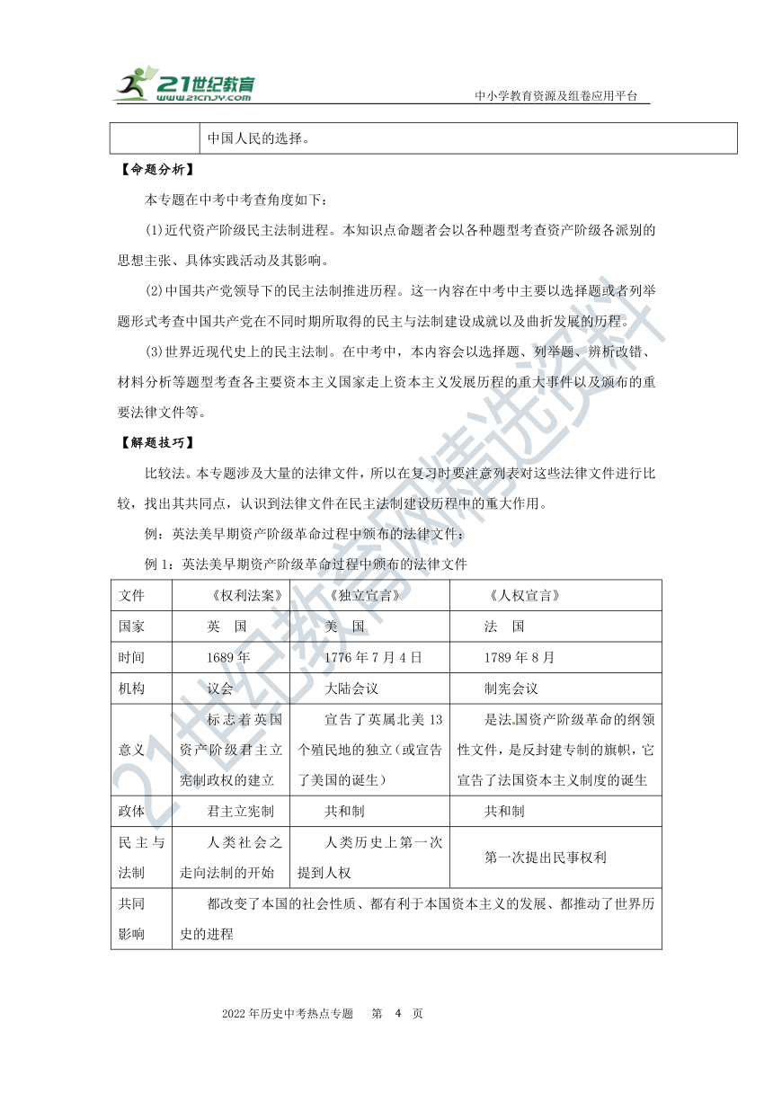 【备考2022】中考历史热点速递 专题十 完善民主 健全法治—中外史上的民主与法制 学案