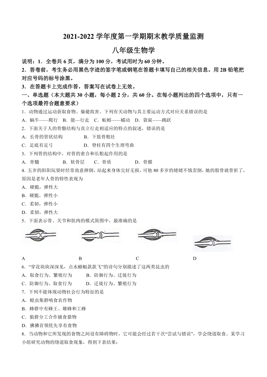 广东省韶关市2021-2022学年八年级上学期期末生物试题（word版 含答案）